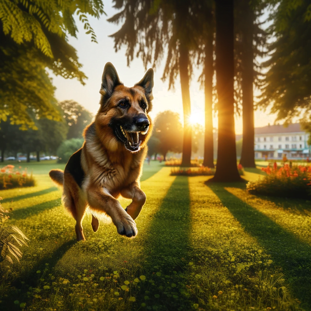 Un grand chien de race berger allemand courant joyeusement dans un parc verdoyant au coucher du soleil