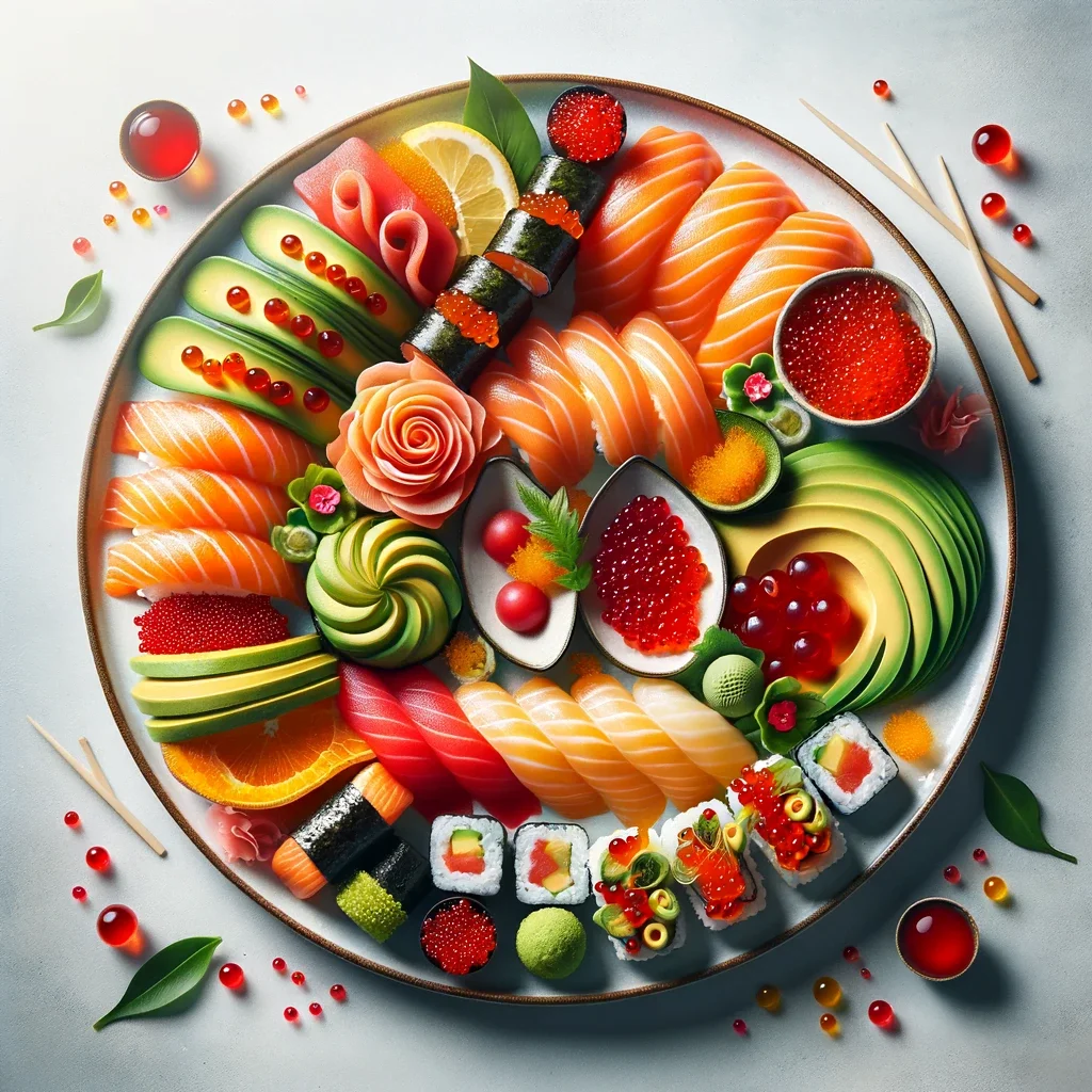 Un plat de sushi artistiquement disposé avec des ingrédients colorés comme du saumon, de l'avocat et du caviar rouge