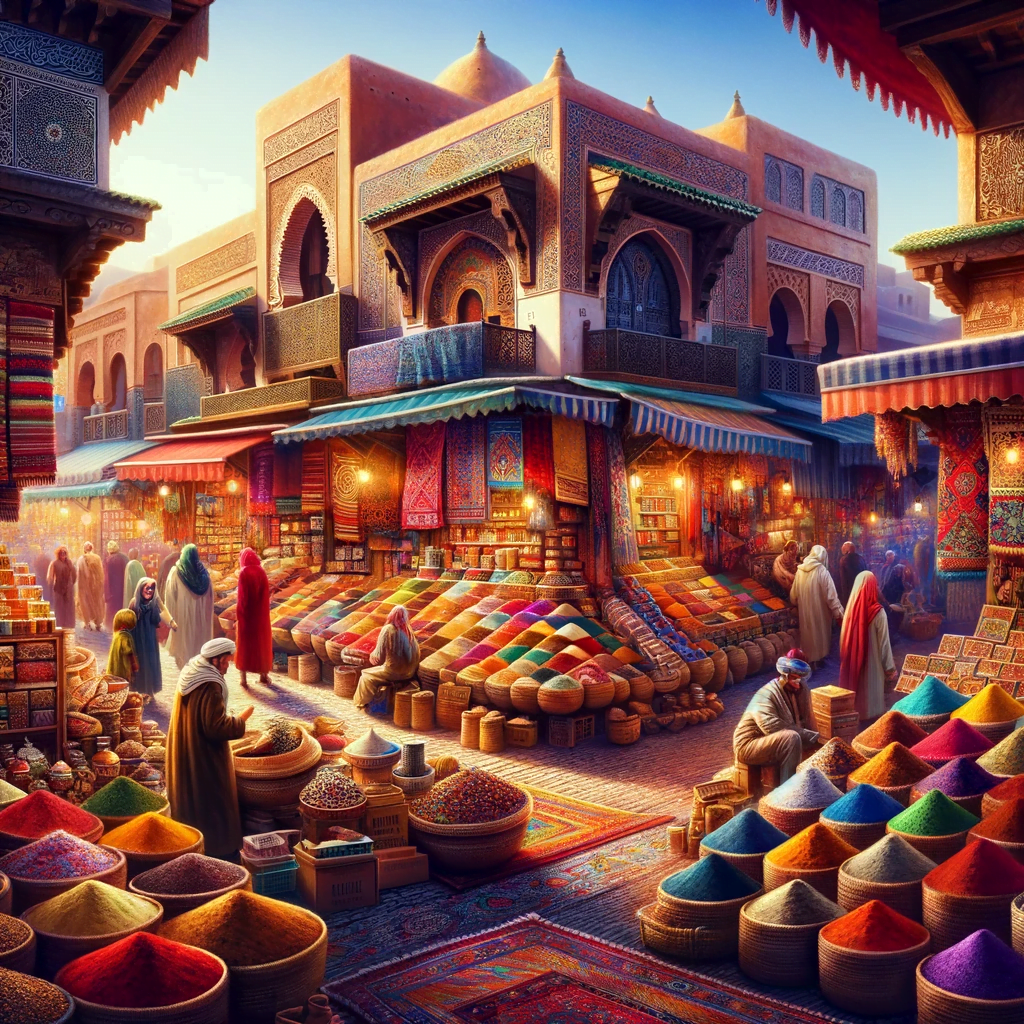 Un marché animé au Maroc avec des stands d'épices, des tapis colorés et une architecture mauresque